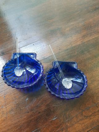 2 Cobalt Blue Glass Clam Shaped Salt Cellars W/clam Shaped Glass Dips