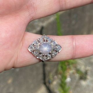 Vtg Antique Edwardian Star Sapphire Mine Cut Diamond 18k White Gold Ring Lhh4