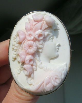 Antique Victorian 1870 Pink Conch Shell Cameo Gold Frame of Flora 2