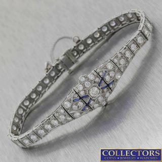 1920s Antique Art Deco Estate Platinum 5.  00ctw Diamond Sapphire Bracelet E8