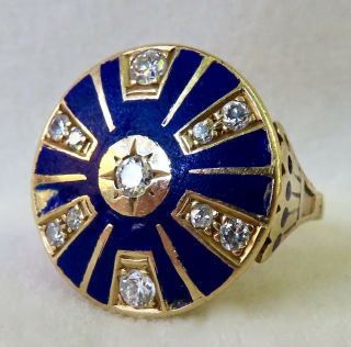 Antique Art Deco Large 14k Gold.  50 Ct.  Old Mine Cut Diamond Ring With Enamel