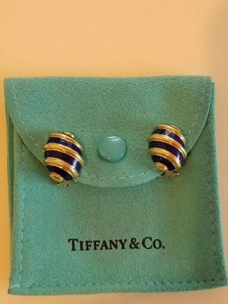 Tiffany & Co Schlumberger 18k Yellow Gold Blue Enamel Olive Ear Clips