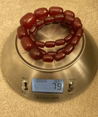 Art Deco Marbled Cherry Amber Faturan Bakelite Barrell Bead Necklace 79g 2