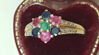 Estate Vintage 10kt Yellow Gold Sapphire Rubies Emerald Diamond Ring