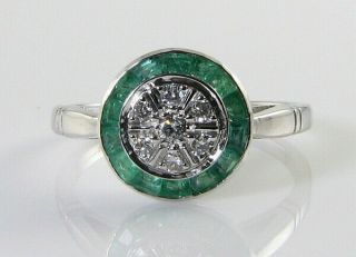 Class 9k 9ct White Gold Emerald Diamond Art Deco Ins Circle Ring Resize