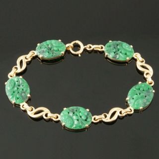 Solid 14k Yellow Gold & Carved Green Jade Link,  Floral Motif Estate Bracelet