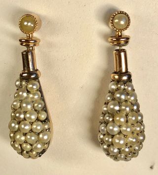 Antique 19th Century Victorian Rose Gold And Seed Pearl Dangle Estate Earrings