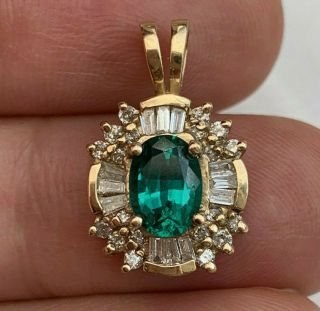 Vintage 14k 585 Yellow Gold Oval Emerald Diamond Antique Pendant Necklace Charm