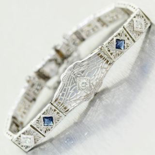 1930s Antique Art Deco 14k White Gold 0.  75ctw Diamond Sapphire Filigree Bracelet