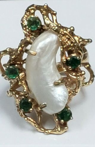 Custom Made 14k Yellow Gold Huge 19mm Pearl Emeralds 13.  3 Gram Size 7 Ring