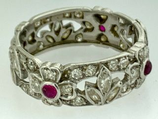 Antique Art Deco Platinum Diamond,  Ruby Eternity Band Ring Size 6 Unique 1930 