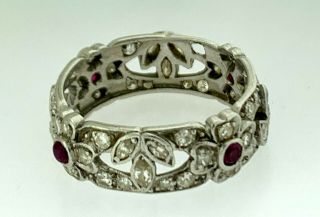 Antique Art Deco Platinum Diamond,  Ruby Eternity Band Ring Size 6 Unique 1930 ' s 3