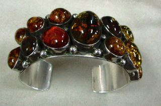 Sterling Silver And Amber Cuff Bracelet Signed H Spencer