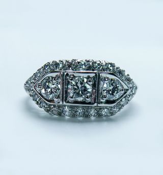Vintage 14k White Gold 3 Stone Diamond Ring Circa 1950s Estate