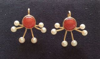 Vintage Tiffany & Co 14k Yellow Gold Red Coral & Seed Pearl Earrings W/ Box