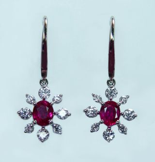 Vintage Gem Ruby Diamond Dangle Earrings 18k White Gold Estate French Leverback