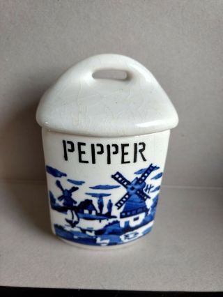 Vintage Czechoslovakia Canister Spice Bottle Pepper Blue & White Windmill