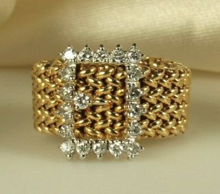 Diamond Buckle Ring 10g 14k Gold 0.  418 Ctw Flexible Mesh Weave Band Sz 6.  5 1980s
