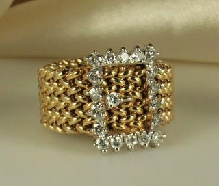 DIAMOND BUCKLE Ring 10g 14k GOLD 0.  418 ctw Flexible Mesh Weave Band Sz 6.  5 1980s 2