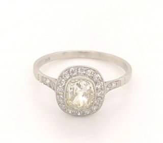 Art Deco 1.  02 Old Mine Cushion Cut Diamond Platinum Halo Engagement Ring