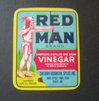 Old Vintage - Red Man Vinegar - Label - Paris Texas / Rogers Arkansas - Indian