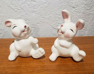 Vintage Josef Originals White Bunny Rabbit Salt And Pepper Shakers Euc