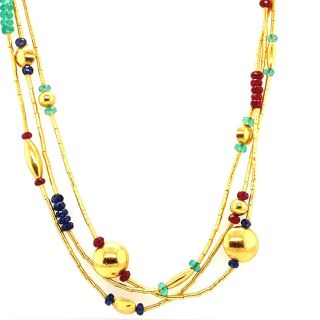 Gurhan 24k Solid Gold 3 Strand Sapphire Emerald Ruby Beaded Necklace.  999 16 - 18”