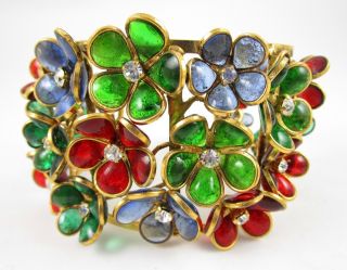 Stunning French Gripoix Pate De Verre Poured Glass Floral Cuff Bracelet