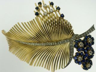 Cartier Leaf Brooch Pin 18k Yellow Gold Diamonds 1.  85cts,  Sapphires 2.  25 Cts 1940