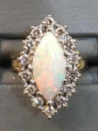 Vintage Opal & Diamond Ring 14k Gold 3/4 Ct In Diamonds 15x7 Mm Opal