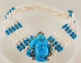 Fantastic Vintage 14 Kt Gold Pearls And Carved Turquoise Cherub Head Necklace