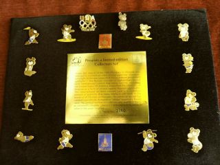 Ussr 1980 Olympic Misha Mascot Framed Pin Set & Usa Moscow & Metallic Misha Pins