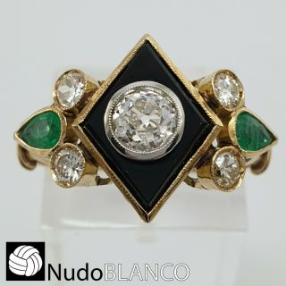 Art Deco Ring Yellow Gold Emeralds Onix And Old Cut Diamond 0.  50ct