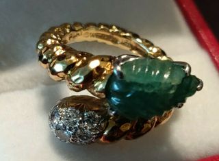 David Webb Carved Jade 18k Gold Platinum Diamond Cocktail Ring 2