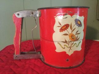 Antique/vtg Androck Hand - I - Sift Flour Sifter Red 3 Screens Floral Hand Tool Usa