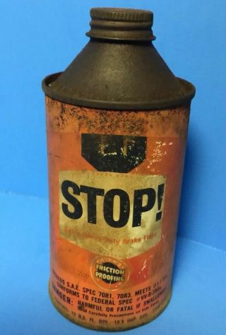 Vintage Wynn Oil Company Stop Brake Fluid Cone Top Tin Can Gas Station Sign