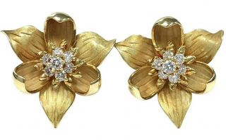 Vintage Tiffany & Co.  18k Gold & Diamond Trillium Flower Earrings W/original Box