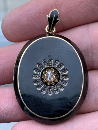 Georgian 15ct Gold Enamel Rose Cut Diamond 0.  4ct Set Huge Locket Pendant C1810