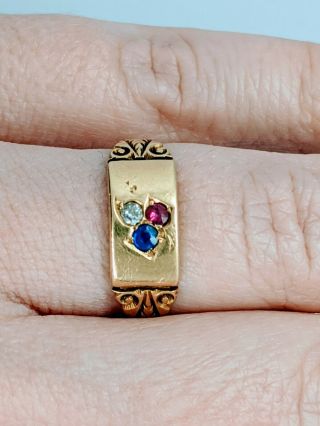 Victorian 1893 18ct Gold Blue Sapphire Red Ruby Diamond Gypsy Ring Box 2