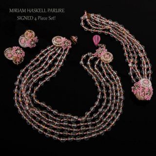 Miriam Haskell Necklace Bracelet Earrings Set Pink Glass Parure Signed Vintage