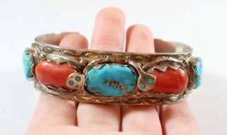 Vintage Sterling Silver Effie C Zuni Navajo Natural Turquoise And Coral Bracelet