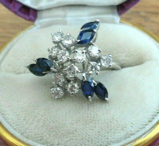 Vintage Jewellery 18ct Gold 1.  3ct Diamond Sapphire Spray Cluster Ring Uk H 