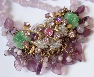 Vintage Miriam Haskell Beaded Lavender Green Art Glass Rhinestone Necklace