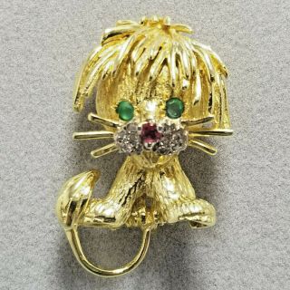Vintage Hammerman Bros 18k Gold Leo Lion Brooch Emerald,  Ruby,  Diamond,  10g 18kt