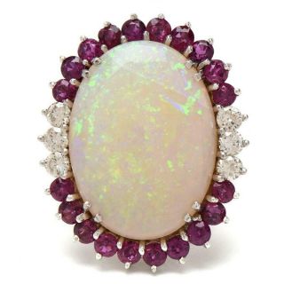 14k White Gold Opal,  Diamond,  And Ruby Statement Ring