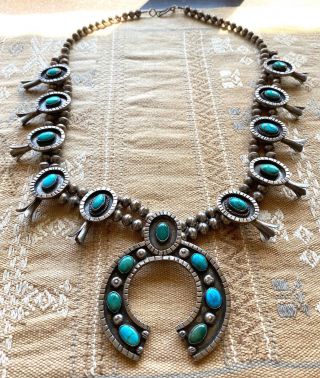 Native American Navajo Squash Blossom Necklace Sterling And Turquoise