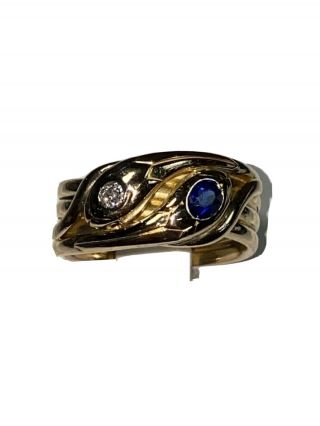 Vintage 18 Kt Yellow Gold Snake Ring With Diamond And Sapphire - Size 9
