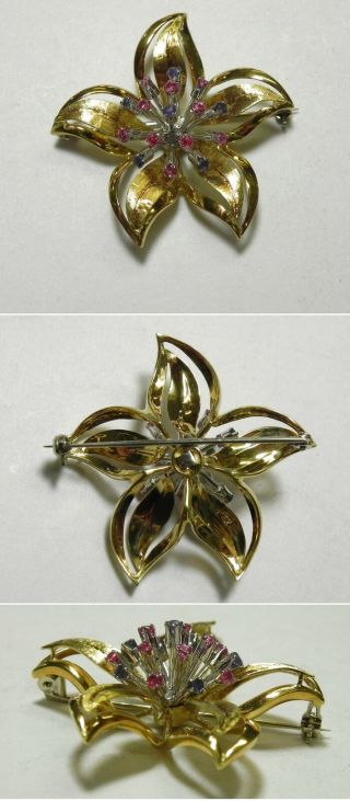 C897 Vintage 18k Solid Yellow/white Gold Ruby & Sapphire Flower Pin