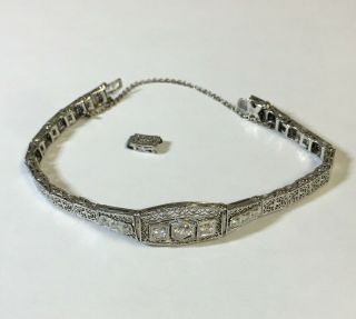 Antique 14k White Gold And Diamond Art Deco Filigree Bracelet 6 5/8 " Plus Link