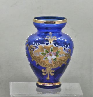 Vintage Ornately Hand Painted Venetian Gold Accented Blue Glass Vase C1950s